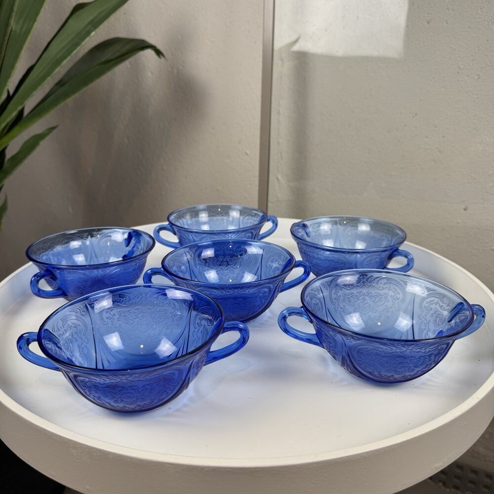 Cobalt Blue Royal Lace Cream Soup Bowls Set Of 6 Hazel Atlas 1934 - 1941 MINT